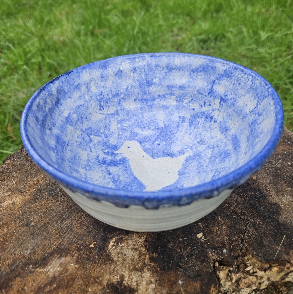 Marked Studio Pottery Blue and Cream Chicken Bowl